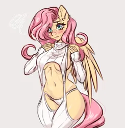 Size: 1668x1703 | Tagged: suggestive, artist:in4ri_, derpibooru import, fluttershy, anthro, pegasus, pony, belly button, blushing, braless, breasts, busty fluttershy, clothes, female, garter straps, gray background, image, jpeg, mare, panties, simple background, socks, solo, solo female, stockings, thigh highs, underboob, underwear, virgin destroyer sweater, wide hips