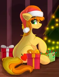 Size: 1911x2480 | Tagged: safe, artist:janelearts, derpibooru import, braeburn, earth pony, pony, christmas, christmas tree, commission, cute, hat, holiday, image, looking back, male, png, present, santa hat, smiling, solo, stallion, tail, tree, two toned mane, two toned tail, ych result, your character here