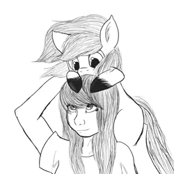 Size: 3000x3000 | Tagged: safe, artist:xrainbow-chocobox, lyra heartstrings, oc, unnamed oc, human, pony, unicorn, clothes, duo, female, image, looking down, missing cutie mark, missing horn, monochrome, on head, png, pony hat, shirt, smiling