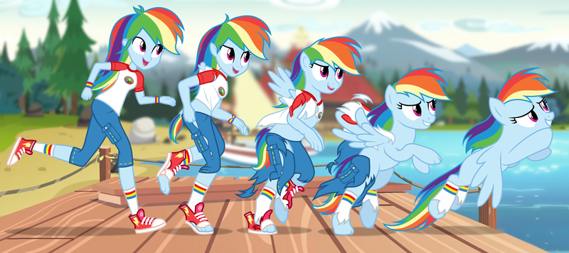 Size: 2700x1200 | Tagged: safe, artist:anonymous, derpibooru import, rainbow dash, pegasus, equestria girls, camp everfree, camp everfree outfits, human to pony, image, png, transformation, transformation sequence, water