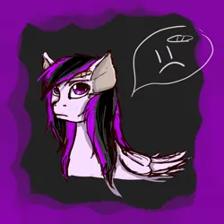 Size: 3000x3000 | Tagged: safe, artist:xrainbow-chocobox, oc, oc:emogak, oc:night flash, pegasus, pony, :c, abstract background, bandaid, bust, female, folded wings, frown, image, mare, migraine, pegasus oc, png, solo, speech bubble, wings