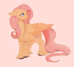 Size: 1294x1170 | Tagged: safe, artist:fealcity, derpibooru import, fluttershy, pegasus, pony, cute, female, fluffy, image, jpeg, leaves, leaves in hair, mare, pink background, shyabetes, simple background, solo, turned head, unshorn fetlocks