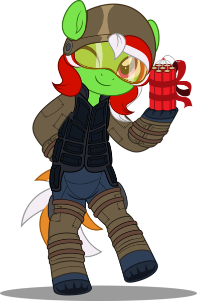 Size: 3275x5000 | Tagged: safe, artist:jhayarr23, derpibooru import, oc, oc:wandering sunrise, earth pony, fallout equestria, fallout equestria: dead tree, armor, bipedal, commission, commissioner:solar aura, dynamite, earth pony oc, explosives, goggles, helmet, image, one eye closed, one eye open, png, present, ribbon, wink, ych result, your character here