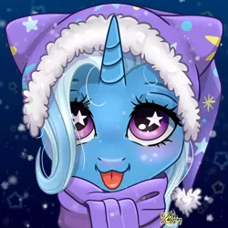 Size: 1748x1748 | Tagged: safe, artist:lailyren, derpibooru import, trixie, pony, unicorn, :3, :p, blushing, bust, clothes, commission, cute, diatrixes, female, g4, hat, horn, image, looking at you, mare, png, portrait, scarf, smiling, smiling at you, snow, snowfall, solo, starry eyes, tongue out, trixie's hat, wingding eyes, winter hat, ych result
