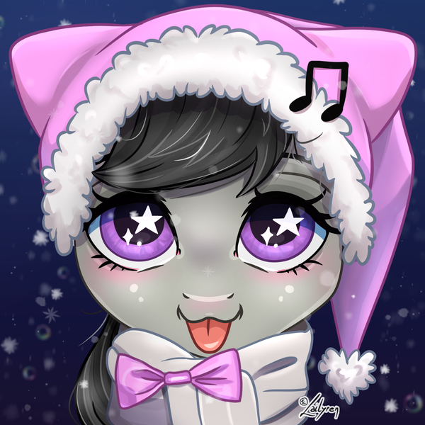 Size: 1748x1748 | Tagged: safe, artist:lailyren, derpibooru import, octavia melody, earth pony, pony, :3, :p, blushing, bust, clothes, commission, cute, female, g4, hat, image, looking at you, mare, music notes, png, portrait, scarf, smiling, smiling at you, snow, snowfall, solo, starry eyes, tavibetes, tongue out, wingding eyes, winter hat, ych result