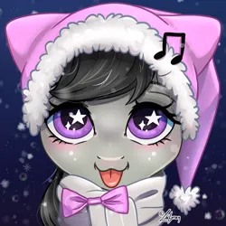 Size: 1748x1748 | Tagged: safe, artist:lailyren, derpibooru import, octavia melody, earth pony, pony, :3, :p, blushing, bust, clothes, cute, female, g4, hat, image, looking at you, mare, music notes, png, portrait, scarf, smiling, smiling at you, snow, snowfall, solo, starry eyes, tavibetes, tongue out, wingding eyes, winter hat