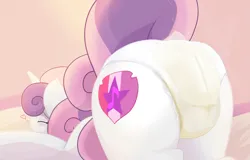 Size: 3377x2160 | Tagged: suggestive, alternate version, artist:not_texmex, derpibooru import, sweetie belle, pony, unicorn, ass up, bed, blushing, butt, butt focus, derpibooru exclusive, diaper, diaper fetish, dock, eyes closed, fetish, floating heart, g4, heart, image, messy diaper, older, plot, png, raised tail, tail
