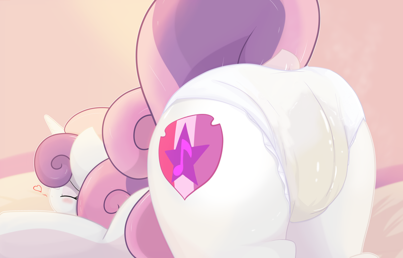Size: 3377x2160 | Tagged: questionable, alternate version, artist:not_texmex, derpibooru import, sweetie belle, pony, unicorn, ass up, bed, blushing, butt, butt focus, derpibooru exclusive, diaper, diaper fetish, dock, eyes closed, fetish, floating heart, g4, heart, image, older, plot, png, raised tail, tail, wet diaper