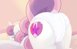 Size: 3377x2160 | Tagged: suggestive, alternate version, artist:not_texmex, derpibooru import, sweetie belle, pony, unicorn, ass up, bed, blushing, butt, butt focus, derpibooru exclusive, diaper, diaper fetish, dock, eyes closed, fetish, floating heart, g4, heart, image, older, plot, png, raised tail, tail