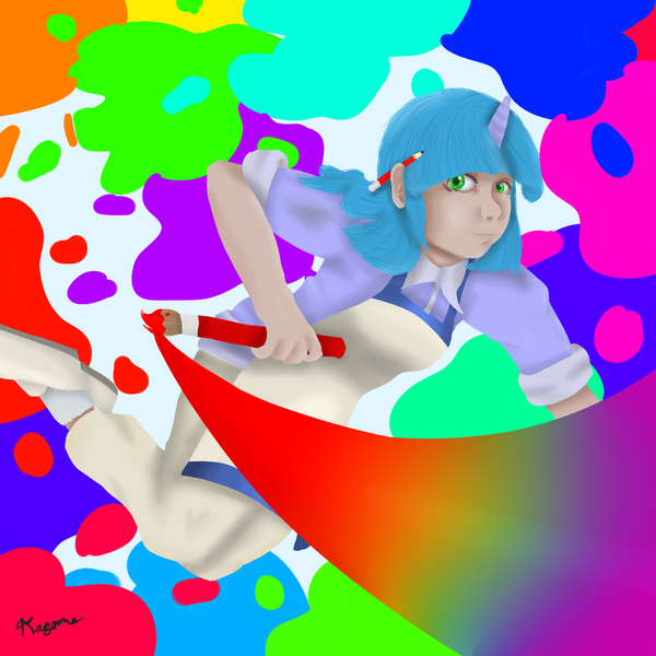 Size: 3000x3000 | Tagged: safe, artist:xrainbow-chocobox, oc, oc:periwinkle, unofficial characters only, human, abstract background, brush, clothes, horn, horned humanization, humanized, image, pencil behind ear, png, short hair