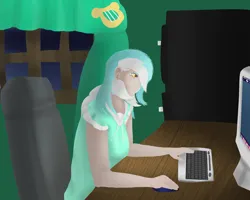 Size: 3000x2400 | Tagged: safe, artist:xrainbow-chocobox, lyra heartstrings, human, ask human lyra, chair, clothes, computer, curtains, cutie mark, dress, female, humanized, image, keyboard, monitor, png, sitting, solo, window