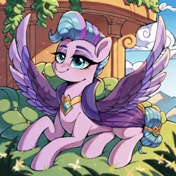 Size: 1280x1280 | Tagged: safe, ai content, derpibooru import, machine learning generated, prompter:dreaming dusk, stable diffusion, queen haven, pegasus, pony, g5, cape, clothes, cloud, generator:pony diffusion v6 xl, generator:purplesmart.ai, image, jewelry, lying down, necklace, outdoors, png, sky, spread wings, teal eyes, wings