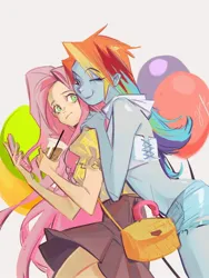 Size: 1620x2160 | Tagged: safe, artist:jo2oo, derpibooru import, fluttershy, rainbow dash, human, equestria girls, bubble tea, clothes, drink, duo, duo female, female, flutterdash, hot pants, image, jpeg, lesbian, mobile phone, one eye closed, phone, shipping, simple background, skirt, smiling, white background