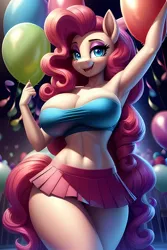 Size: 2048x3072 | Tagged: suggestive, ai content, derpibooru import, machine learning generated, party favor, pinkie pie, anthro, adorasexy, armpits, balloon, bare shoulders, beautiful, beautisexy, belly button, big breasts, breasts, busty pinkie pie, clothes, curvy, cute, eyeshadow, female, hourglass figure, image, looking at you, makeup, midriff, missing cutie mark, open mouth, party, png, sexy, skirt, slender, smiling, smiling at you, solo, solo female, stupid sexy pinkie, thighs, thin, tube top