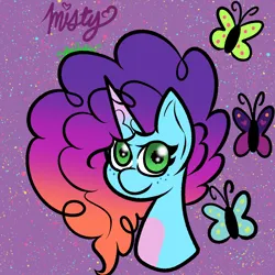Size: 3000x3000 | Tagged: safe, artist:solardoodles, derpibooru import, butterfly, insect, pony, unicorn, g5, bust, gradient horn, gradient mane, horn, image, misty brightdawn, png, smiling, solo