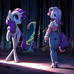 Size: 1024x1024 | Tagged: safe, ai content, derpibooru import, machine learning generated, rarity, oc, anthro, pony, anthro oc, clothes, creepy, cross-eyed, dark, deformed, denim, derp, female, forest, g4, high heels, horror, image, jeans, looking back, mutant, nature, night, pants, png, prompter:horselover fat, rear view, shoes, surreal, tree, weird