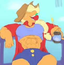 Size: 1178x1200 | Tagged: safe, artist:syrupglaze, derpibooru import, applejack, anthro, abs, apple, applejack's hat, applejacked, clothes, cowboy hat, daisy dukes, drink, eating, female, food, hair over eyes, hat, image, jpeg, leaning back, midriff, muscles, shorts, sitting, soda can, solo, solo female, tanktop