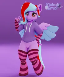 Size: 2000x2400 | Tagged: safe, artist:melodismol, derpibooru import, oc, oc:star beats, anthro, pegasus, 3d, arm warmers, blender, blender cycles, clothes, hairclip, hand, hand on hip, hoodie, image, looking at you, peace sign, png, simple background, smiling, socks, solo, spread wings, wings