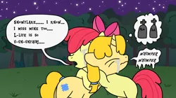 Size: 1400x786 | Tagged: safe, derpibooru import, apple bloom, oc, oc:snowflake, pony, female, filly, foal, image, png, sad, snow, snowflake