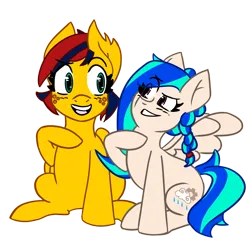 Size: 1200x1200 | Tagged: safe, artist:max rider, derpibooru import, oc, oc:cloud burst, oc:firestorm metallic, pegasus, pony, derpibooru community collaboration, 2024 community collab, digital art, female, friendship, image, mare, pegasus oc, png, simple background, sitting, transparent background, wings