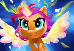 Size: 2028x1410 | Tagged: safe, artist:swirlmlp69768, derpibooru import, sunny starscout, alicorn, pony, g5, my little pony: a new generation, artificial horn, artificial wings, augmented, eyebrows, female, flying, image, jpeg, mare, race swap, smiling, smirk, solo, spread wings, starry eyes, sunnycorn, wingding eyes, wings