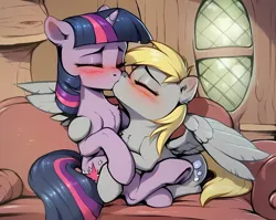 Size: 2045x1626 | Tagged: safe, ai content, derpibooru import, machine learning generated, stable diffusion, derpy hooves, twilight sparkle, pegasus, pony, unicorn, blushing, chest fluff, couch, cute, duo, duo female, ear blush, ear fluff, eyes closed, female, g4, generator:pony diffusion v6 xl, holding hooves, hug, image, indoors, kiss on the lips, kissing, lesbian, lying down, mare, on couch, png, prompter:tyto4tme4l, ship:twerpy, shipping, spread wings, underhoof, unicorn twilight, upscaled, window, wings