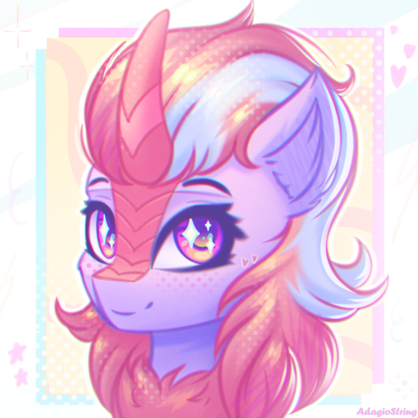 Size: 2000x2000 | Tagged: safe, artist:adagiostring, derpibooru import, oc, unofficial characters only, kirin, abstract background, bust, commission, cute, female, females only, headshot commission, image, kirin oc, looking at you, png, portrait, simple background, smiling, solo, solo focus, sparkles