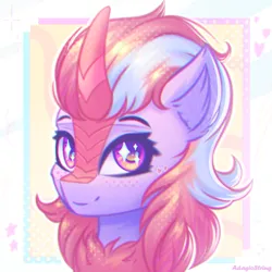 Size: 2000x2000 | Tagged: safe, artist:adagiostring, derpibooru import, oc, unofficial characters only, kirin, abstract background, bust, commission, cute, female, females only, headshot commission, image, kirin oc, looking at you, png, portrait, simple background, smiling, solo, solo focus, sparkles