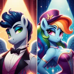 Size: 1024x1024 | Tagged: safe, ai content, derpibooru import, machine learning generated, prompter:*rainbow dash*, rainbow dash, soarin', anthro, arm band, clothes, collar, dress, female, g4, generator:bing image creator, hat, image, male, necktie, png, rainbow dash always dresses in style, shipping, soarindash, spread wings, straight, suit, wings