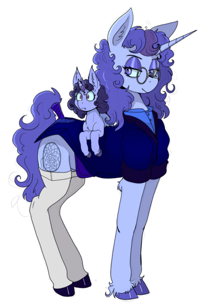 Size: 1812x2636 | Tagged: safe, artist:paskanaakka, derpibooru import, oc, oc:dusklight dewdrop, oc:midnight dew, unofficial characters only, bat pony, bat pony unicorn, hybrid, pony, unicorn, derpibooru community collaboration, 2024 community collab, alternate timeline, clothes, colored hooves, derpibooru exclusive, duo, female, foal, glasses, horn, image, mare, mother and child, mother and daughter, nightmare takeover timeline, png, simple background, transparent background, uniform, unshorn fetlocks