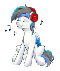 Size: 2680x3170 | Tagged: safe, artist:fluffyorbiter, derpibooru import, oc, oc:snowy starshine, unofficial characters only, pegasus, derpibooru community collaboration, 2024 community collab, eyes closed, female, folded wings, happy, headphones, image, listening to music, music notes, pegasus oc, png, simple background, sitting, smiling, solo, tail, transparent background, wings