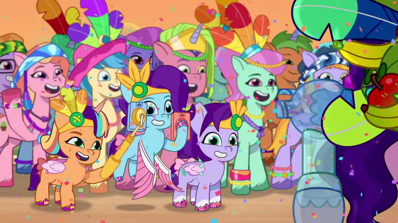 Size: 3300x1850 | Tagged: safe, derpibooru import, screencap, pipp petals, g5, my little pony: tell your tale, spoiler:g5, spoiler:my little pony: tell your tale, spoiler:tyts02e02, galaxy star, glory (g5), grassy hills, heavy is the mane that wears the fruit crown, image, minty skylark, nightracer, peach fizz, pennon (g5), pippsqueak trio, png, seashell (g5), strawberry blonde