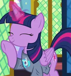 Size: 975x1040 | Tagged: safe, derpibooru import, screencap, twilight sparkle, twilight sparkle (alicorn), vinyl scratch, alicorn, pony, a trivial pursuit, season 9, spoiler:s09, clothes, cropped, cute, eyes closed, female, g4, image, jpeg, levitation, library, magic, mare, raised hoof, shirt, smiling, telekinesis, twiabetes, twilight's castle, twilight's castle library, wings