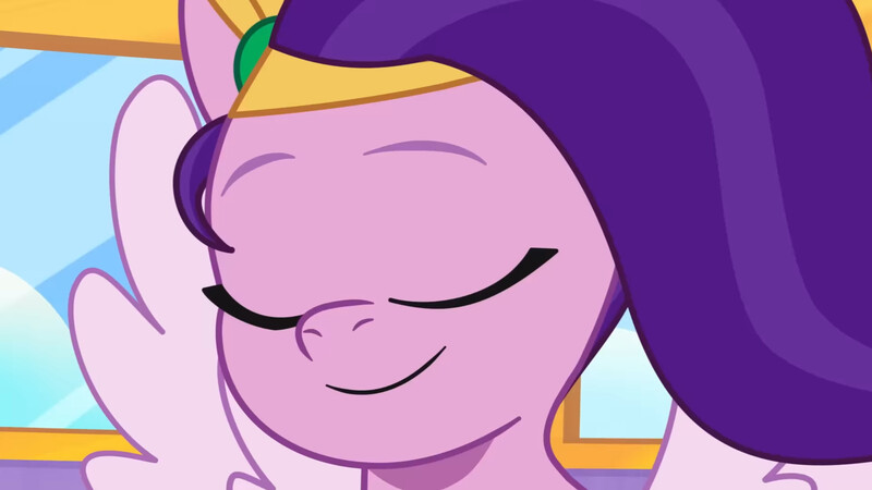 Size: 3072x1727 | Tagged: safe, derpibooru import, screencap, pipp petals, pegasus, pony, g5, my little pony: tell your tale, spoiler:g5, spoiler:my little pony: tell your tale, spoiler:tyts02e01, crystal brighthouse, eyes closed, female, icy prints, image, jpeg, mare, smiling, solo, spread wings, wings