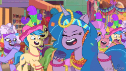 Size: 520x293 | Tagged: safe, derpibooru import, screencap, izzy moonbow, posey (g5), g5, my little pony: tell your tale, spoiler:g5, spoiler:my little pony: tell your tale, spoiler:tyts02e02, animated, balloon, gif, heavy is the mane that wears the fruit crown, image, red face