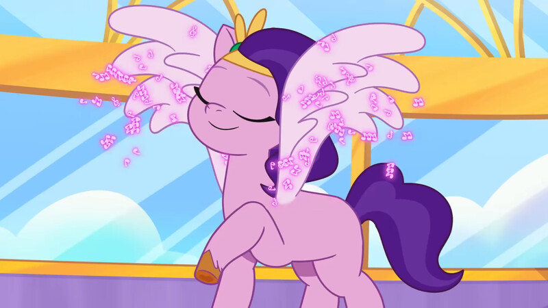 Size: 3072x1727 | Tagged: safe, derpibooru import, screencap, pipp petals, pegasus, pony, g5, my little pony: tell your tale, spoiler:g5, spoiler:my little pony: tell your tale, spoiler:tyts02e01, crystal brighthouse, eyes closed, female, flying, icy prints, image, jpeg, mare, smiling, solo, spread wings, wings