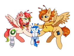 Size: 3400x2600 | Tagged: safe, artist:ju4111a, artist:moewwur, artist:yourponyfriend, derpibooru import, oc, oc:chise, oc:svatya, oc:syrok, unofficial characters only, earth pony, pegasus, pony, derpibooru community collaboration, 2024 community collab, antennae, beard, bell, bell collar, bowtie, clothes, collaboration, collar, ear piercing, earring, earthpony oc, facial hair, female, flying, g4, group, image, jewelry, looking at someone, male, mare, pegasus oc, piercing, png, raised hoof, smiling, smiling at someone, sock, spread wings, wings