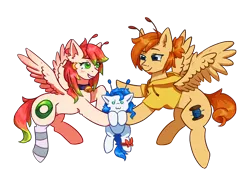 Size: 3400x2600 | Tagged: safe, artist:ju4111a, artist:moewwur, artist:yourponyfriend, derpibooru import, oc, oc:chise, oc:svatya, oc:syrok, unofficial characters only, earth pony, pegasus, pony, derpibooru community collaboration, g4, 2024 community collab, antennae, beard, bell, bell collar, bowtie, clothes, collaboration, collar, ear piercing, earring, earth pony oc, facial hair, female, flying, group, image, jewelry, looking at someone, male, mare, pegasus oc, piercing, png, raised hoof, smiling, smiling at someone, sock, spread wings, wings