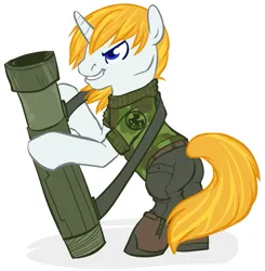 Size: 827x845 | Tagged: safe, artist:pawprintstars, derpibooru import, oc, oc:roy calbeck, unnamed oc, unofficial characters only, pony, battletech, commission, eridani light horse, image, military, png, rocket launcher, solo, weapon