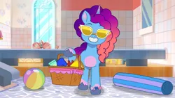 Size: 3072x1727 | Tagged: safe, derpibooru import, screencap, pony, unicorn, g5, my little pony: tell your tale, spoiler:g5, spoiler:my little pony: tell your tale, spoiler:tyts02e02, animated, basket, beach ball, crystal brighthouse, female, glasses, gradient mane, grin, heavy is the mane that wears the fruit crown, holding, horn, house, image, jpeg, lifting, looking at you, loop, mare, misty brightdawn, raised eyebrows, rebirth misty, sink, smiling, solo, sunglasses, tiled background, toy, window