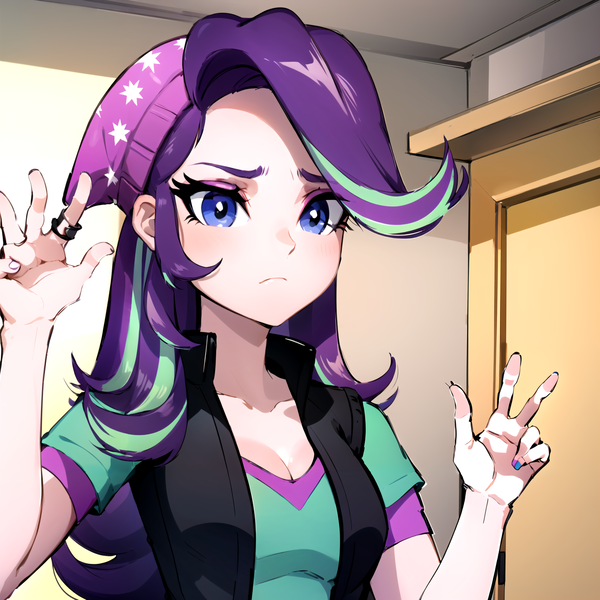 Size: 1344x1344 | Tagged: source needed, safe, ai content, derpibooru import, machine learning assisted, machine learning generated, prompter:howdyderpy, stable diffusion, starlight glimmer, human, equestria girls, g4, clothes, cute, female, frown, hat, human coloration, humanized, image, jacket, multicolored hair, png, shirt, solo