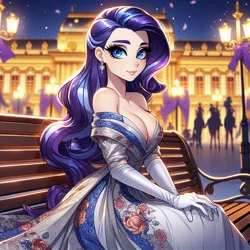 Size: 1024x1024 | Tagged: prompter needed, source needed, suggestive, ai content, derpibooru import, machine learning generated, rarity, human, absolute cleavage, beautiful, bench, big breasts, breasts, cleavage, clothes, dress, elegant, embroidery, evening gloves, generator:dall-e 3, gloves, hands on knees, humanized, image, jewelry, jpeg, lamp, long gloves, looking at you, off shoulder, palace, sitting, stupid sexy rarity