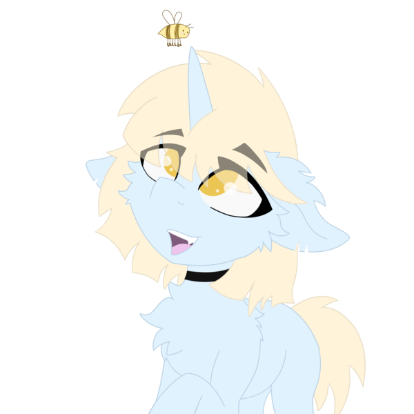 Size: 4096x4096 | Tagged: safe, artist:kotwitz, artist:vinyvitz, derpibooru import, oc, oc:aria taitava, unofficial characters only, bee, insect, unicorn, cheek fluff, chest fluff, choker, derpibooru exclusive, ear fluff, eye clipping through hair, eyebrows, floppy ears, fluffy, fur, happy, image, looking up, open mouth, png, raised eyebrow, raised hoof, short hair, short tail, simple background, smiling, solo, standing, tail, teeth, torn ear, transparent background