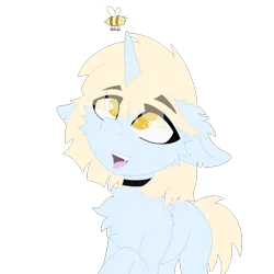 Size: 4096x4096 | Tagged: safe, artist:kotwitz, artist:vinyvitz, derpibooru import, oc, oc:aria taitava, unofficial characters only, bee, insect, unicorn, cheek fluff, chest fluff, choker, derpibooru exclusive, ear fluff, eye clipping through hair, eyebrows, floppy ears, fluffy, fur, happy, image, looking up, open mouth, png, raised eyebrow, raised hoof, short hair, short tail, simple background, smiling, solo, standing, tail, teeth, torn ear, transparent background