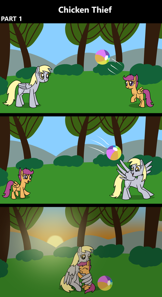 Size: 1920x3516 | Tagged: safe, artist:platinumdrop, derpibooru import, derpy hooves, scootaloo, pegasus, pony, comic:chicken thief, 3 panel comic, ball, blank flank, cloud, comic, commission, cute, cutealoo, derpabetes, duo, duo female, eyes closed, female, filly, foal, folded wings, g4, grass, happy, hug, image, mare, nuzzling, open mouth, open smile, outdoors, playing, png, sitting, sky, smiling, spread wings, sun, sunset, tree, wholesome, winghug, wings