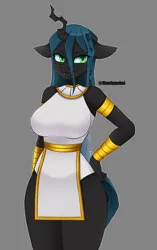 Size: 1266x2012 | Tagged: safe, artist:handgunboi, derpibooru import, queen chrysalis, anthro, changeling, changeling queen, clothes, dress, egyptian, female, image, png, solo