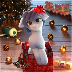Size: 2160x2160 | Tagged: safe, artist:dcd, derpibooru import, oc, unofficial characters only, earth pony, pony, 3d, 3d model, adorable face, blender, blender cycles, blocks, christmas, christmas lights, christmas tree, chubby, chubby cheeks, clothes, cute, day, earth pony oc, floppy ears, happy, holiday, image, mistletoe, moonlight, night, ornament, png, pony oc, present, ribbon, scarf, smiling, tree, wrapping paper