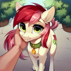 Size: 4096x4096 | Tagged: safe, ai content, derpibooru import, machine learning generated, prompter:doom9454, stable diffusion, roseluck, human, pony, behaving like a cat, collar, cute, generator:purplesmart.ai, hand, image, jpeg, offscreen character, offscreen human, pet tag, petting, pony pet, rosepet, standing