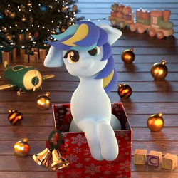 Size: 2160x2160 | Tagged: safe, artist:dcd, derpibooru import, oc, unofficial characters only, earth pony, pony, 3d, 3d model, adorable face, blender, blender cycles, blocks, box, christmas, christmas lights, christmas tree, chubby, chubby cheeks, clothes, cute, day, earth pony oc, female, floppy ears, happy, heterochromia, holiday, image, mare, mistletoe, moonlight, night, ornament, png, pony in a box, pony oc, present, ribbon, scarf, smiling, solo, solo female, solo focus, tree, wrapping paper