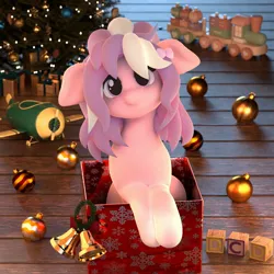 Size: 2160x2160 | Tagged: safe, artist:dcd, derpibooru import, oc, unofficial characters only, earth pony, pony, 3d, 3d model, adorable face, blender, blender cycles, blocks, box, christmas, christmas lights, christmas tree, chubby, chubby cheeks, clothes, cute, day, earth pony oc, female, floppy ears, happy, heterochromia, holiday, image, jpeg, mare, mistletoe, moonlight, night, ornament, pony in a box, pony oc, present, ribbon, scarf, smiling, solo, solo female, solo focus, tree, wrapping paper